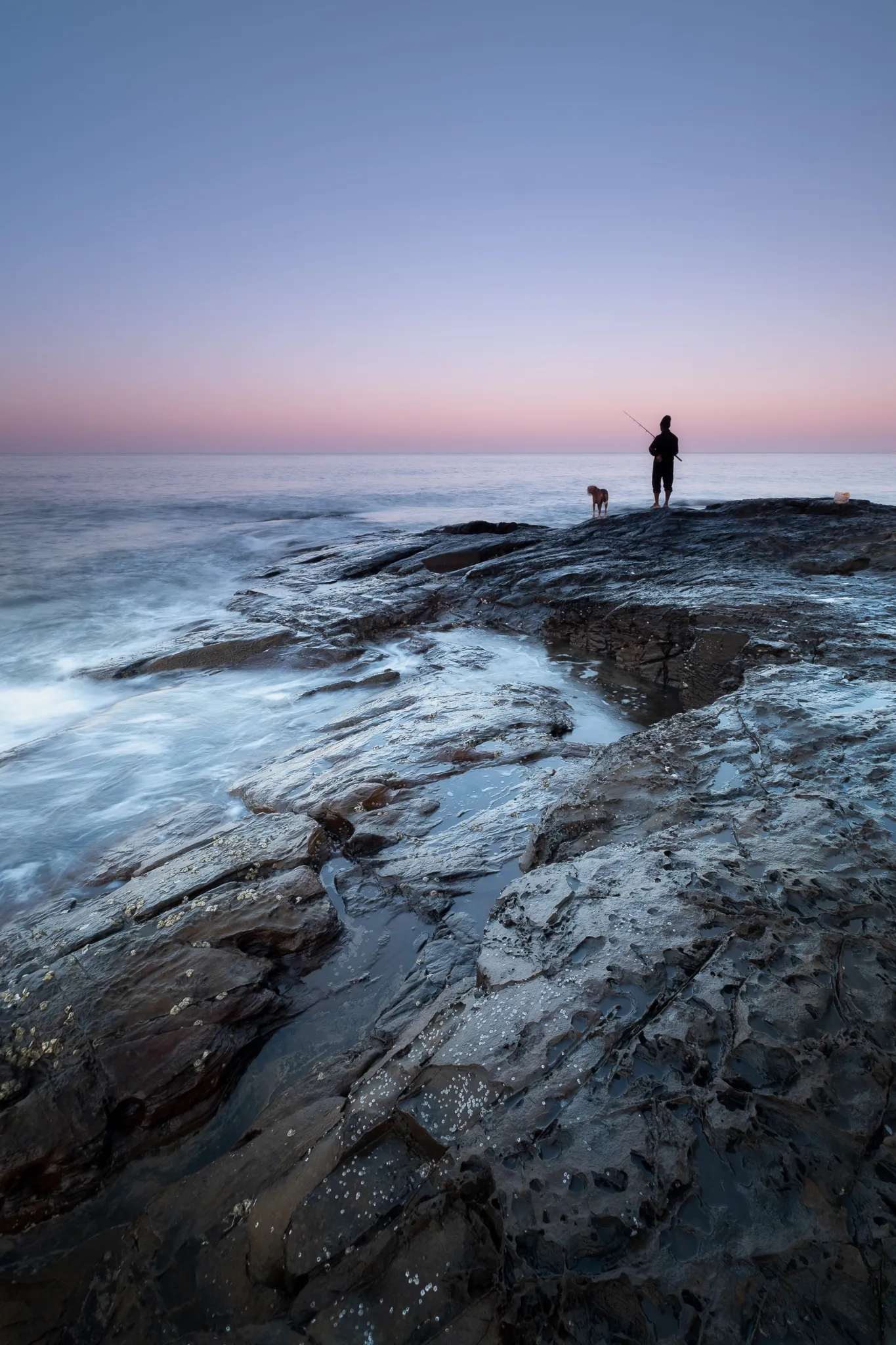 Fisherman with dog on rocks