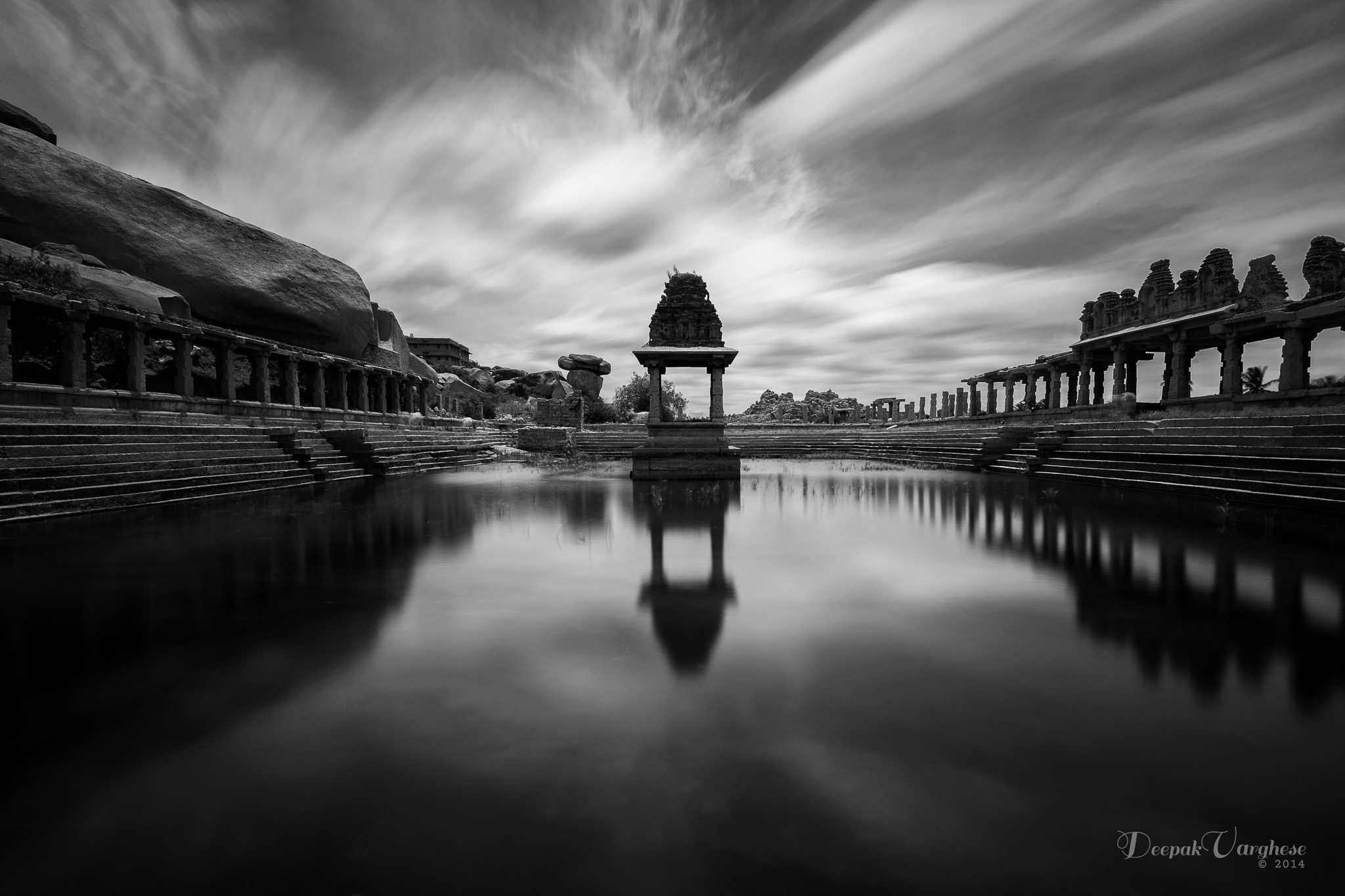 Hindu temple reflected in still water