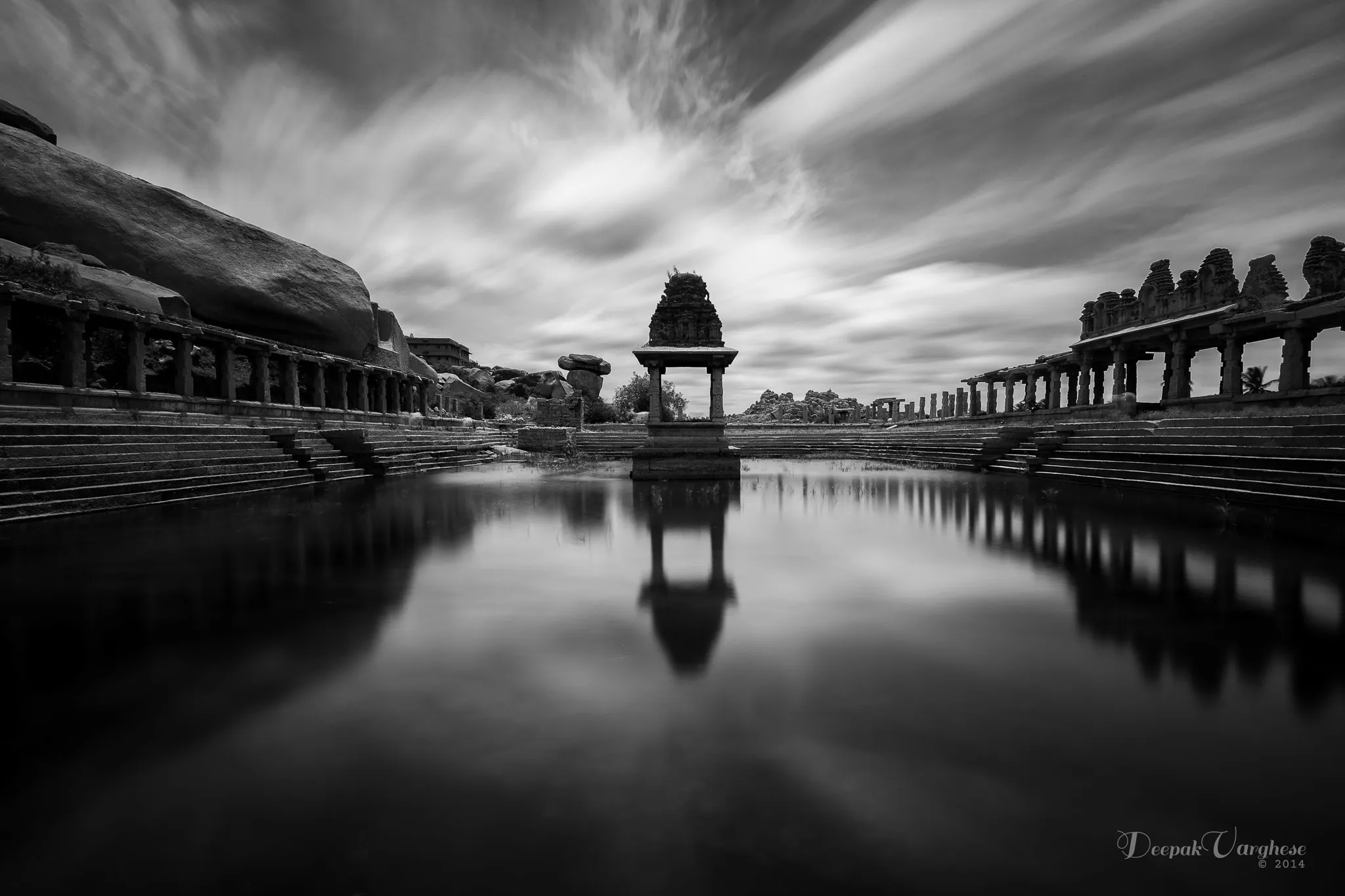 Hampi temple pool in B&W long exposure